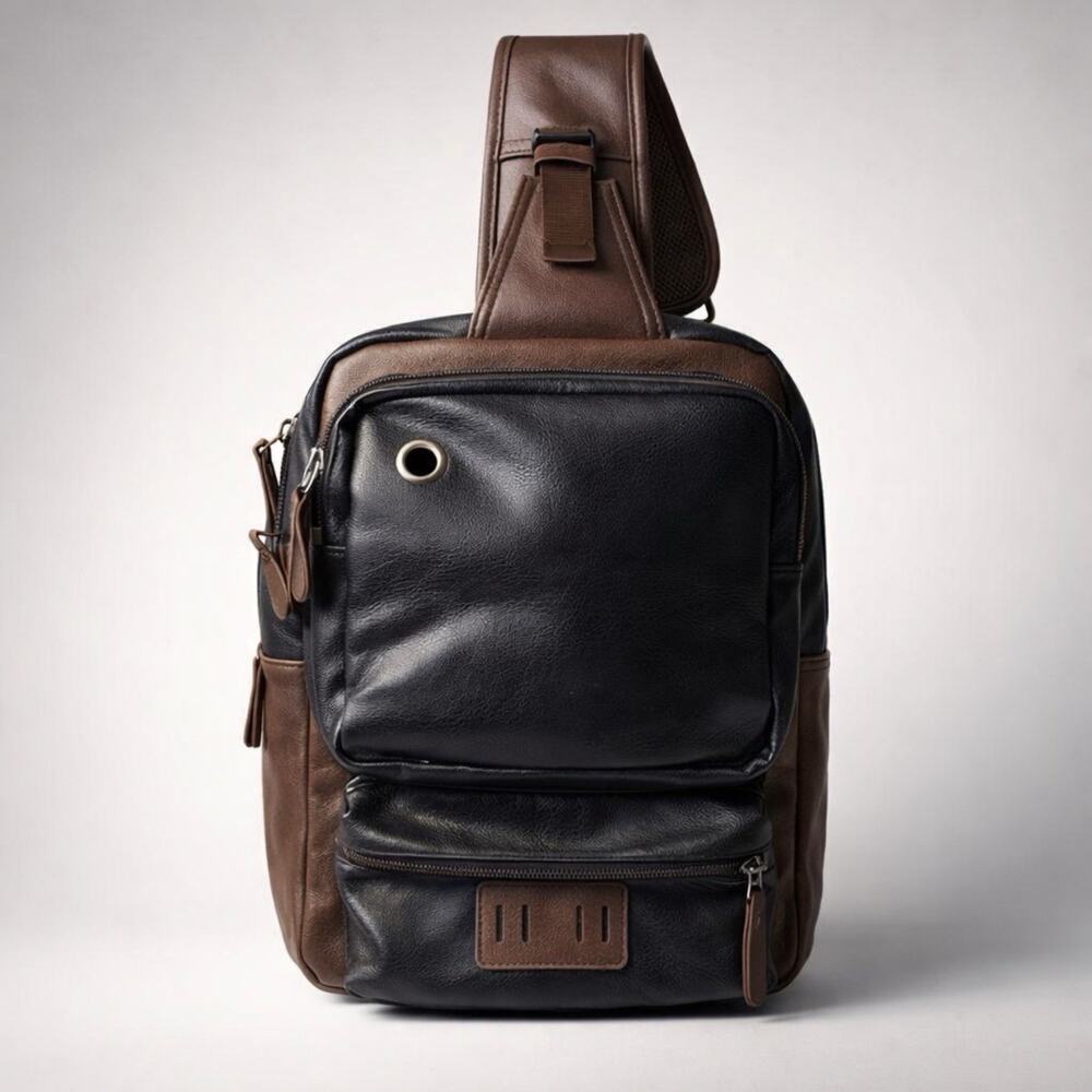 Unisex Sling Backpack Chestbag FauxLeather Crosbody ShoulderBag BlackBrown Retro